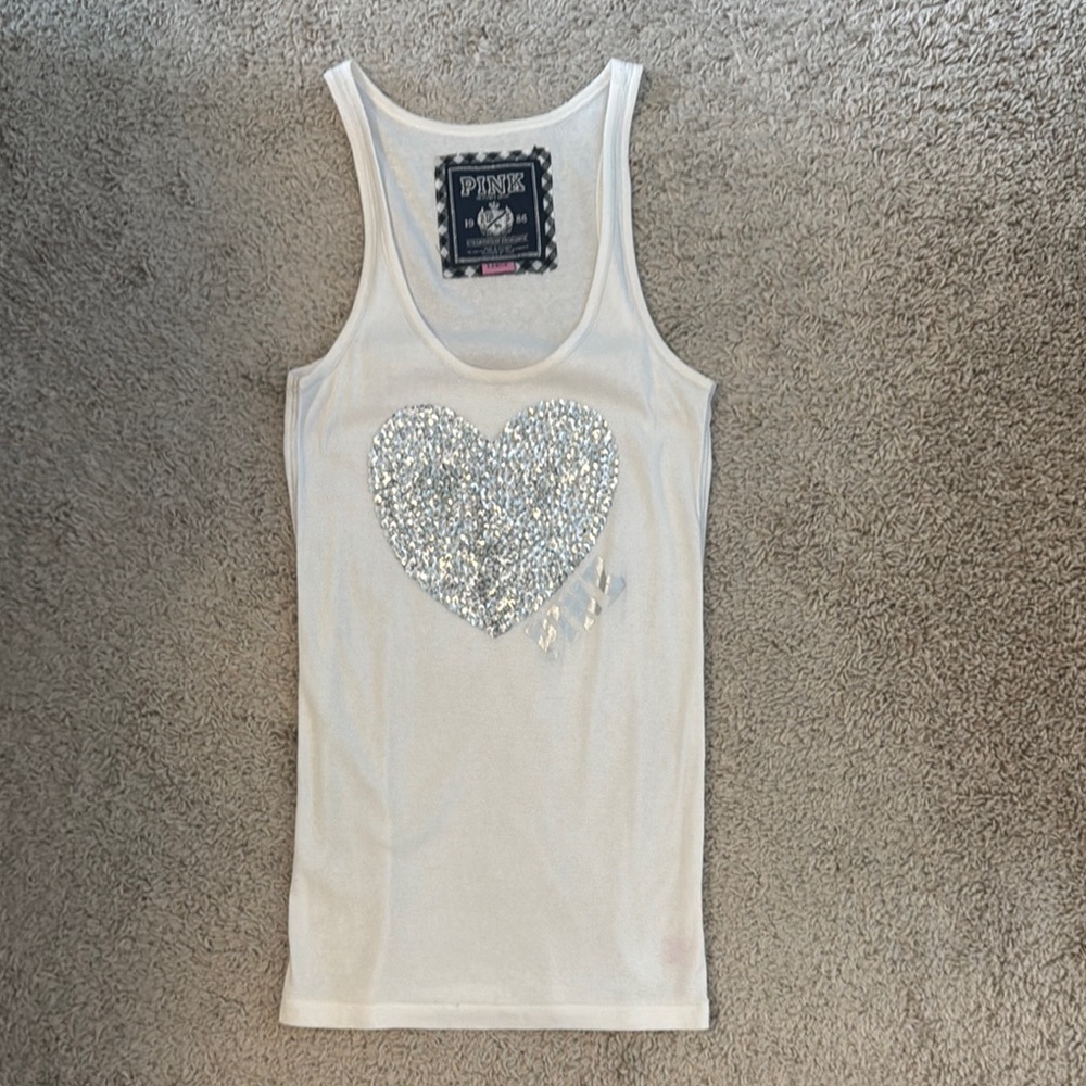 Victorias Secret White Tank Top with Silver Sequin Heart